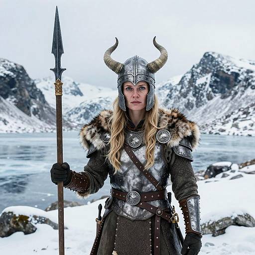 Viking Woman Warrior in Snowy Mountain Landscape with Spear and Horned Helmet