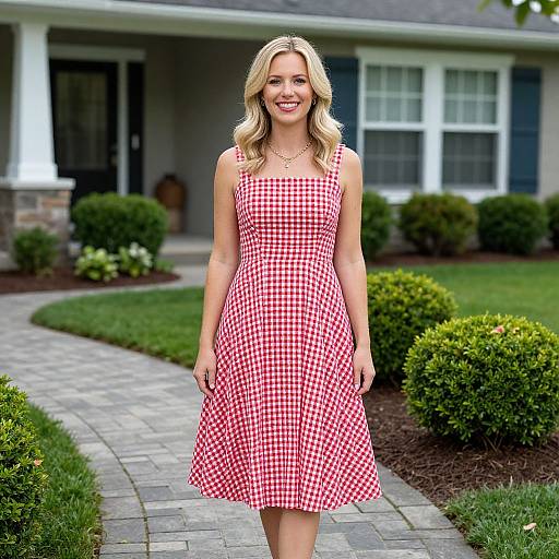 Woman in Red White Gingham Dress Standing on Pathway Front of House