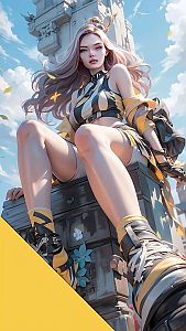Confident Woman on Stone Structure in Modern Fantasy Style