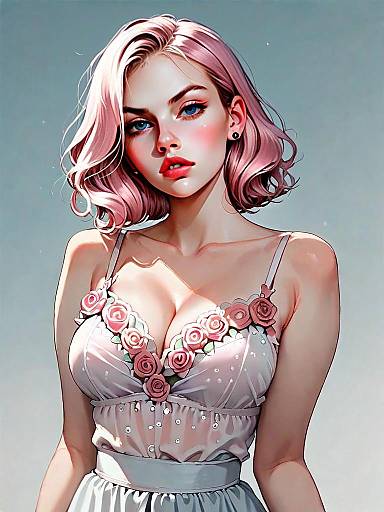 Realistic Portrait of Woman in Lace-Trimmed Silk Camisole with Pink Roses