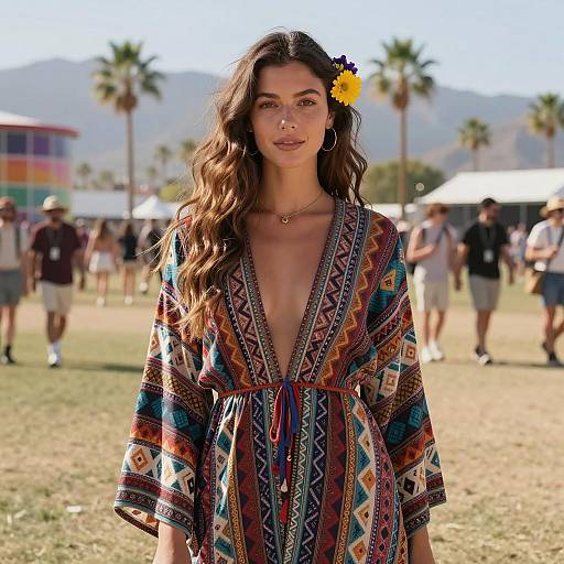 Woman in Bohemian Dress at Outdoor Music Festival