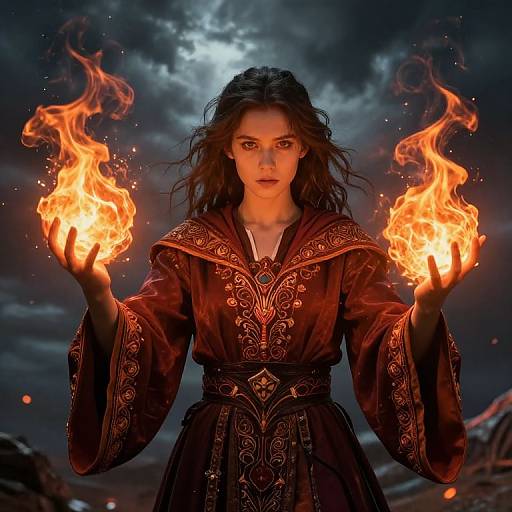 Woman in Medieval Robe Casting Fire Magic with Flaming Fireballs
