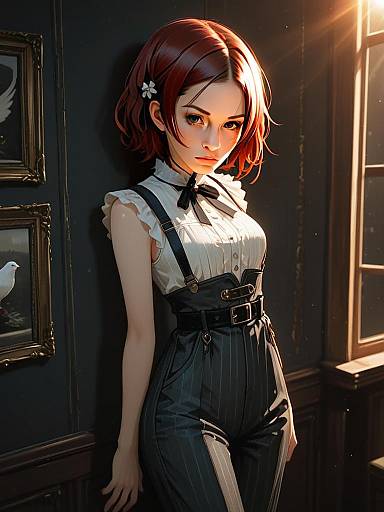 Stylish Red-Haired Woman in Vintage Pinstripe Outfit Digital Illustration
