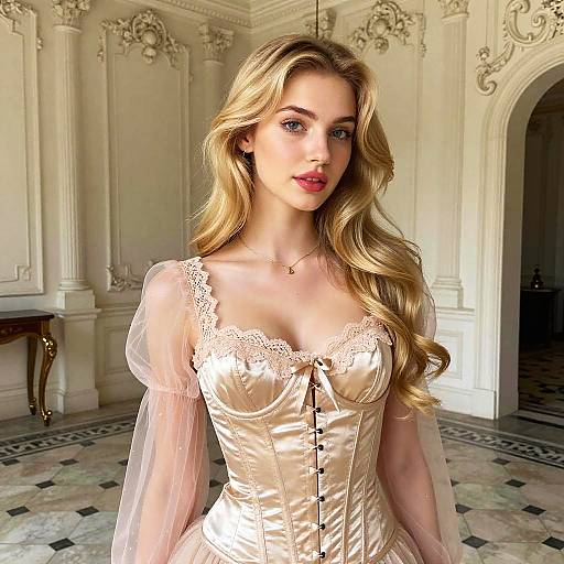 Elegant Blonde Woman in Romantic Satin Corset Dress in Ornate Room