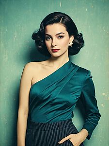 Vintage Style Portrait of Woman Wearing Emerald Satin Blouse and Pinstripe Pants