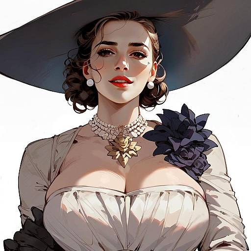 Elegant Woman in Wide Black Hat and White Off-Shoulder Dress Anime Art