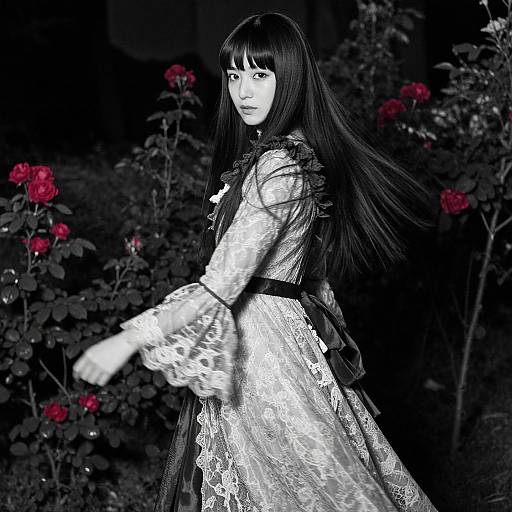 Gothic Victorian Woman in Lace Dress with Red Roses Selective Color