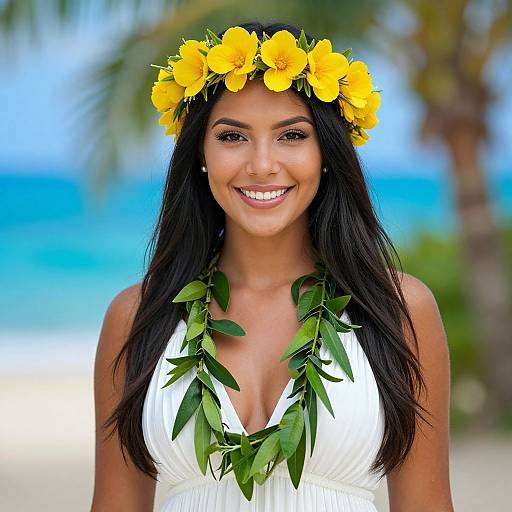 Smiling Woman Wearing Yellow Flower Crown and Green Lei on Tropical Beach