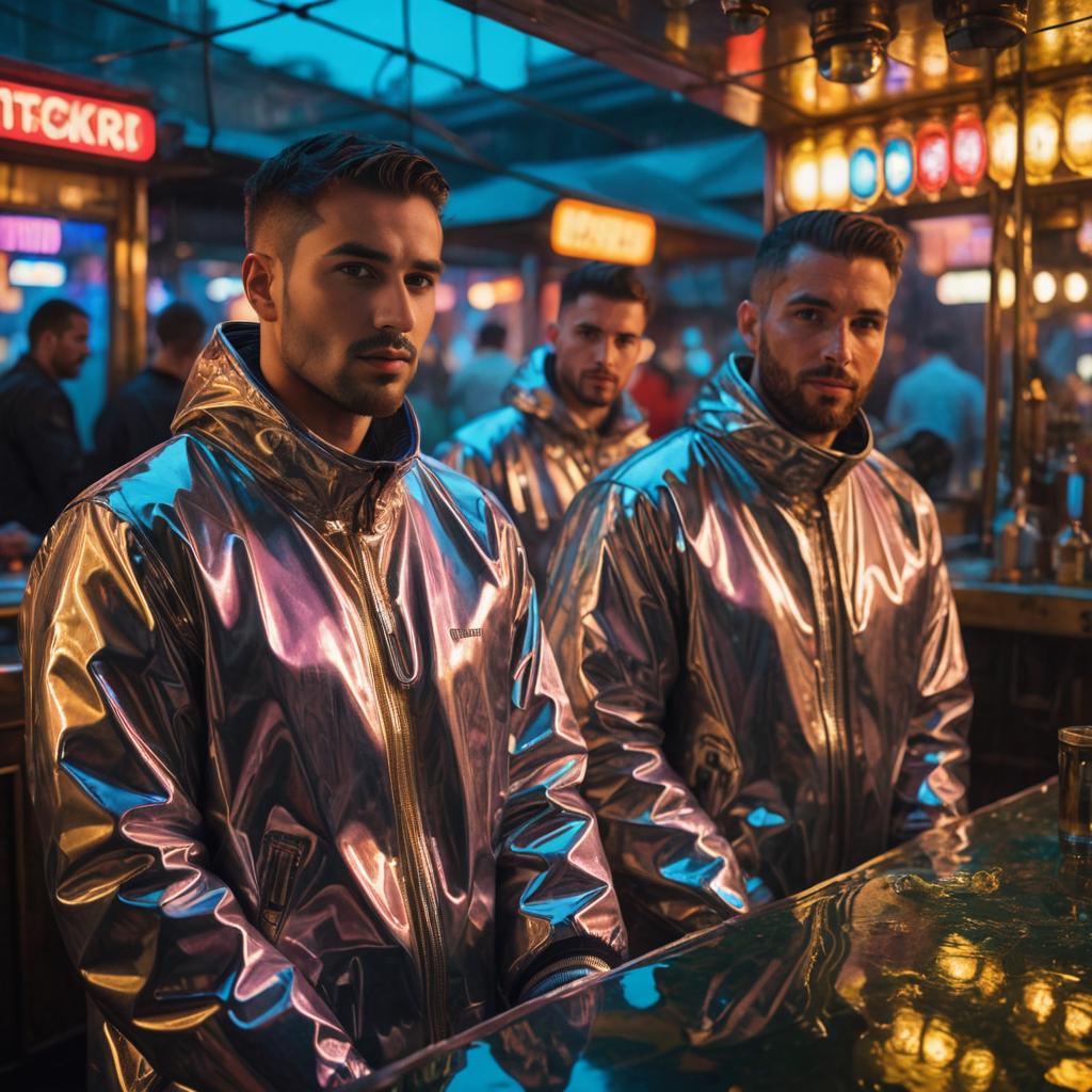 Two Men in Metallic Jackets with Nautical Backdrop