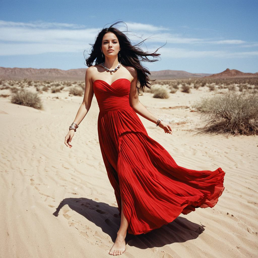 Woman in Red Dress Walking in Desert Woman in Red Dress Walking in Desert