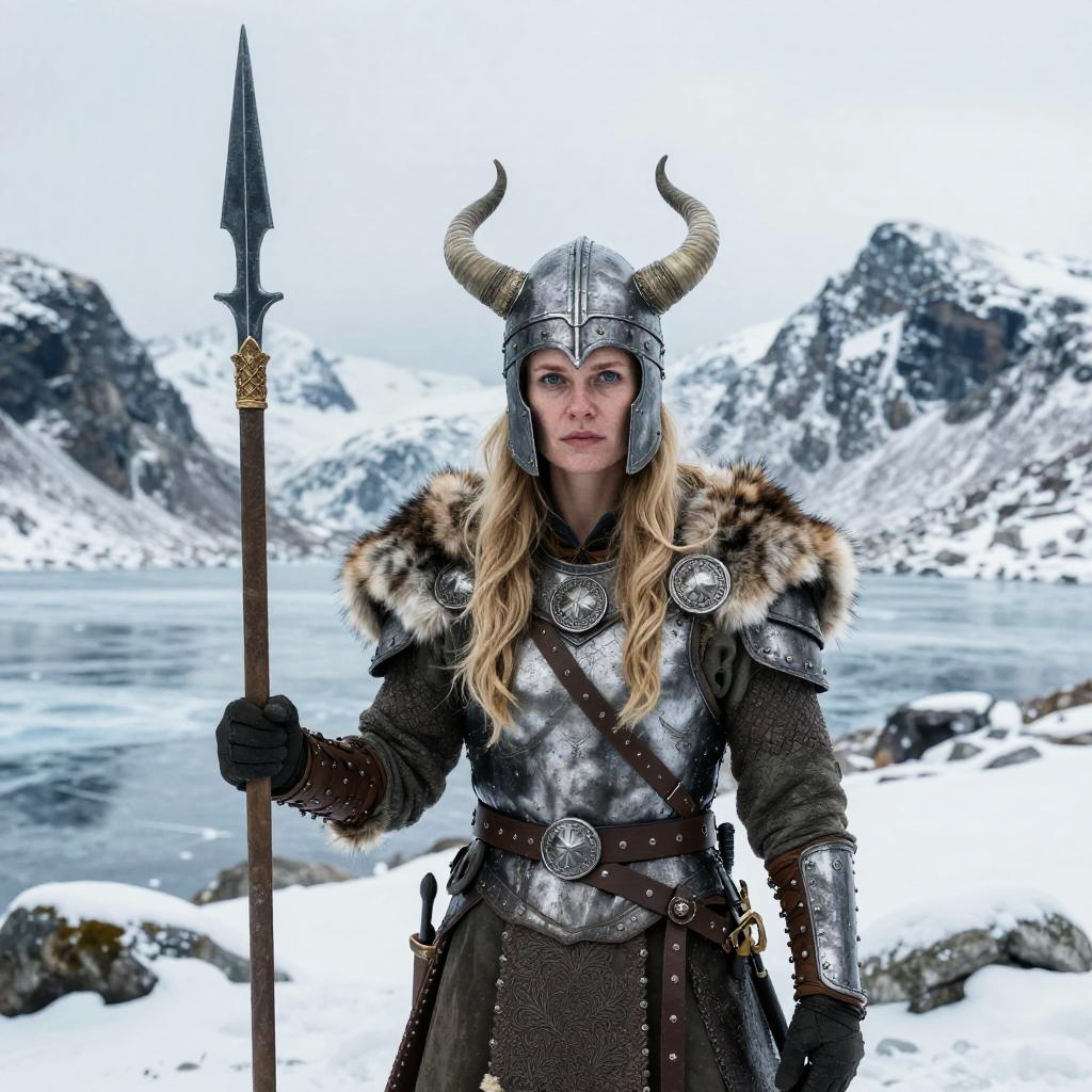Viking Woman Warrior in Snowy Mountain Landscape with Spear and Horned Helmet