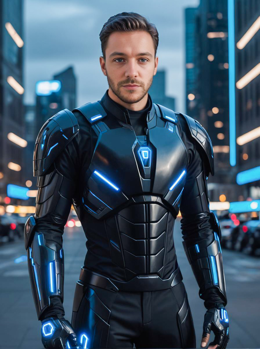 Man in Futuristic High-Tech Suit with Blue Accents