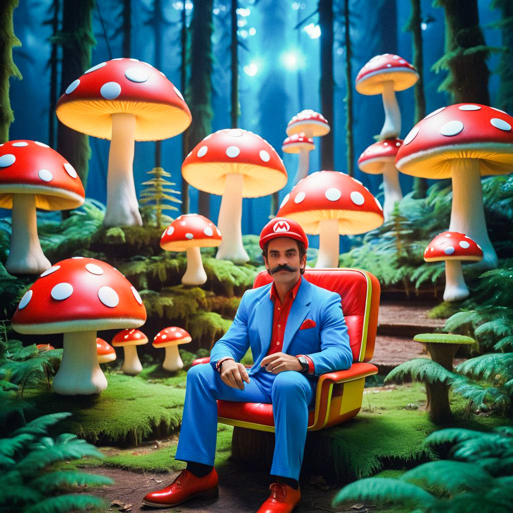 Man in Stylish Super Mario Costume in Whimsical Forest