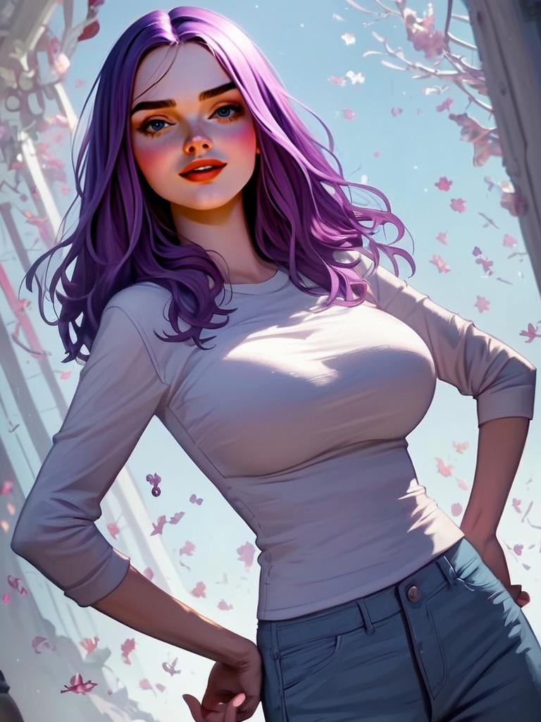 Stylized Digital Portrait of Young Woman with Purple Hair in Cherry Blossom Setting
