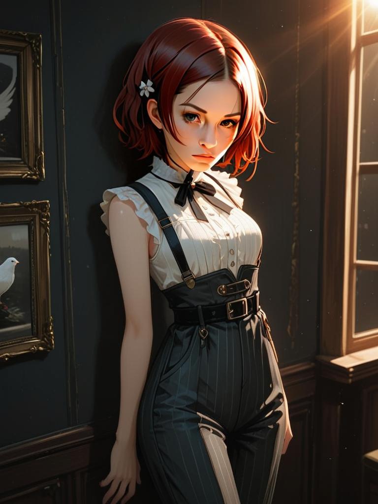 Stylish Red-Haired Woman in Vintage Pinstripe Outfit Digital Illustration