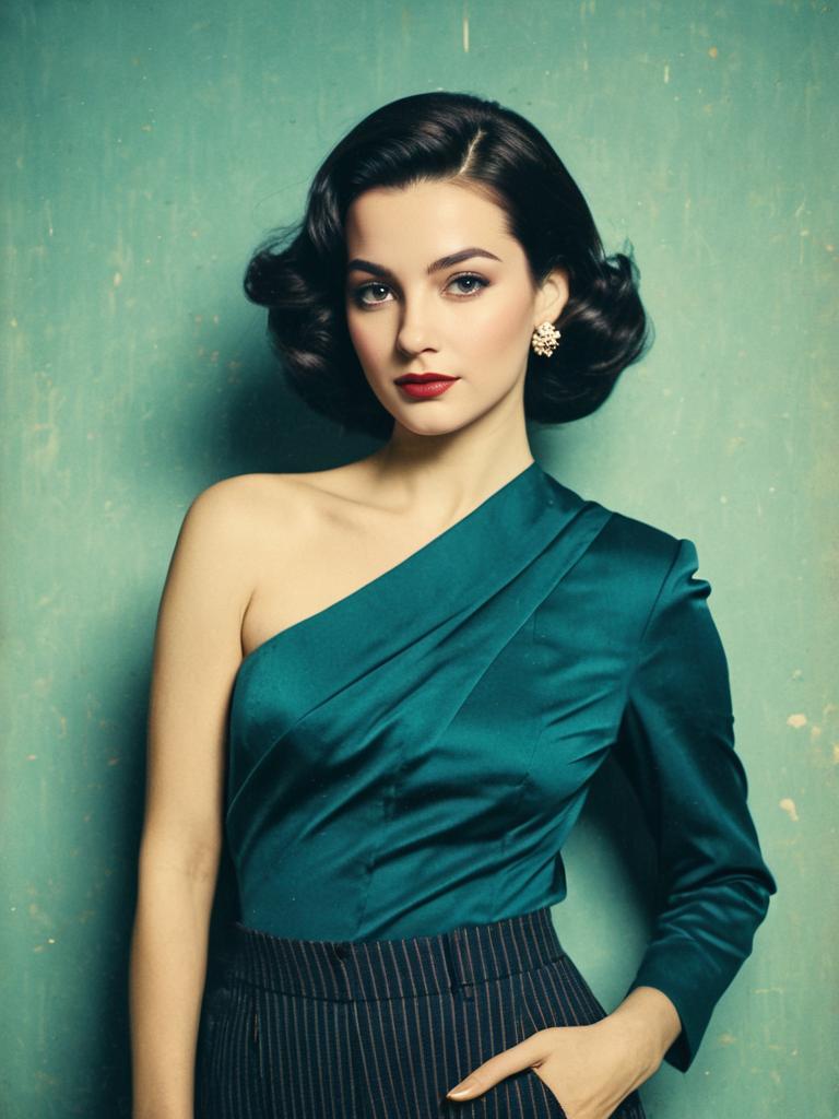Vintage Style Portrait of Woman Wearing Emerald Satin Blouse and Pinstripe Pants