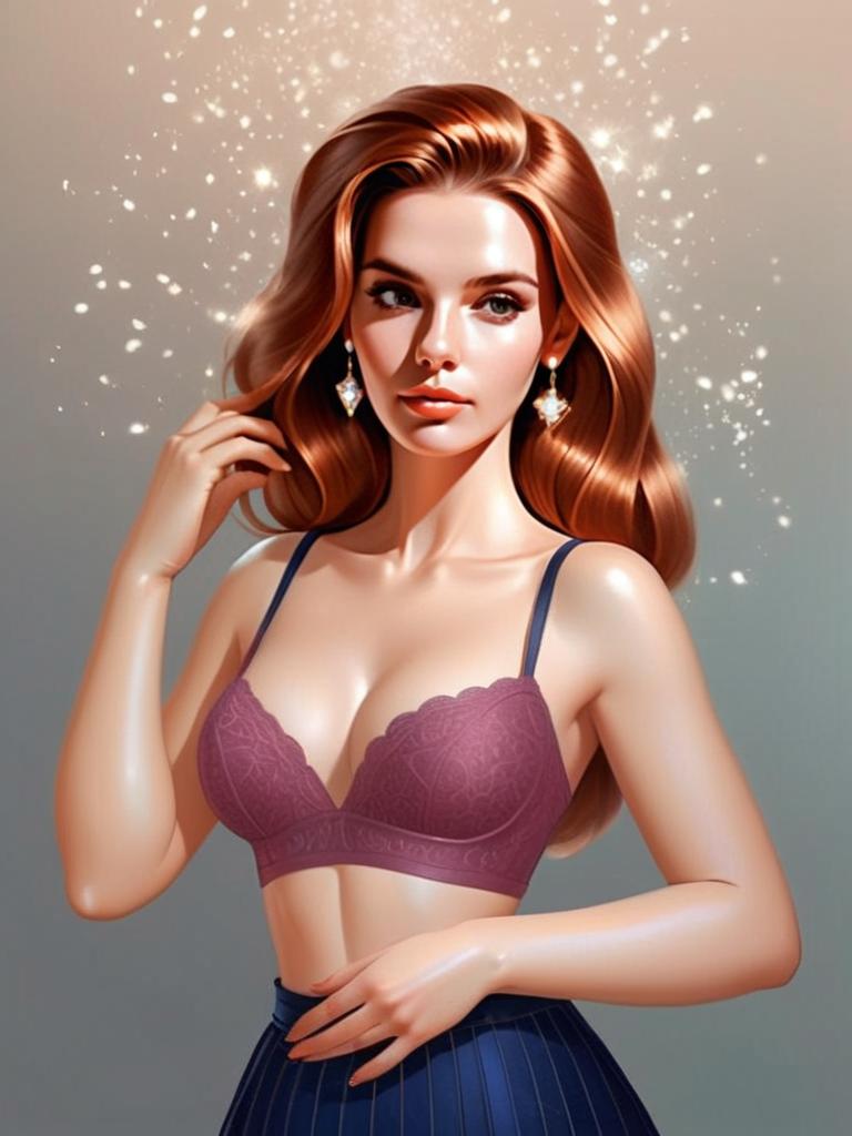 Elegant Red-Haired Woman in Lace Bralette Digital Portrait