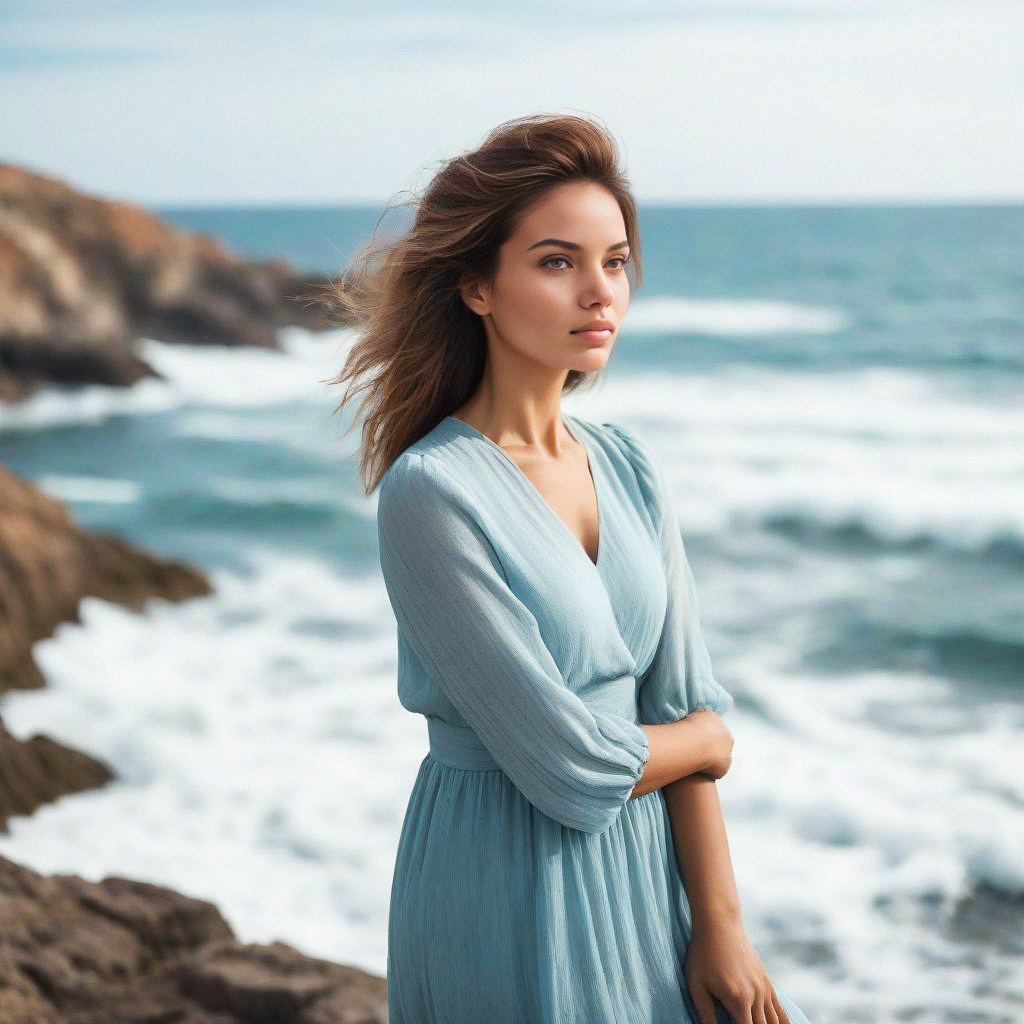 Woman by Rocky Shoreline in Blue Dress Woman by Rocky Shoreline in Blue Dress