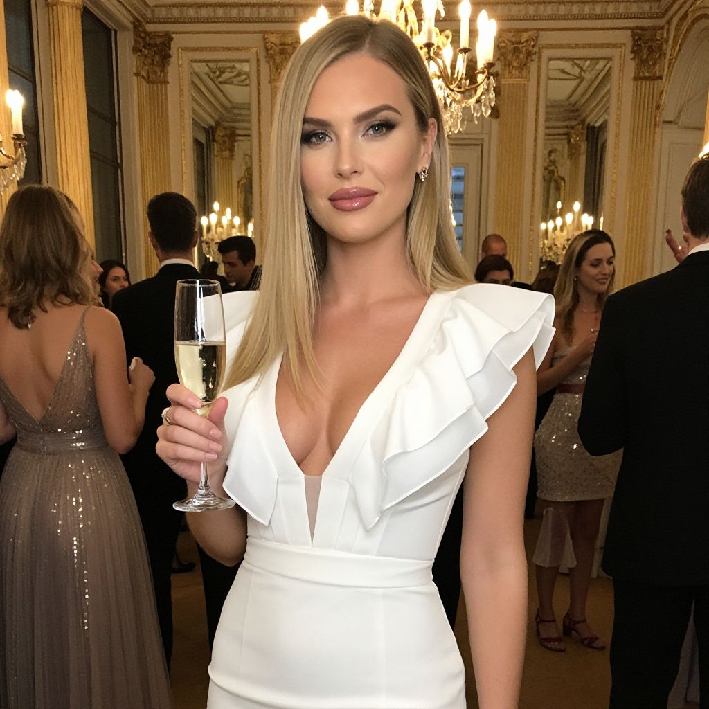 Elegant Woman in White Dress Holding Champagne at Luxury Party