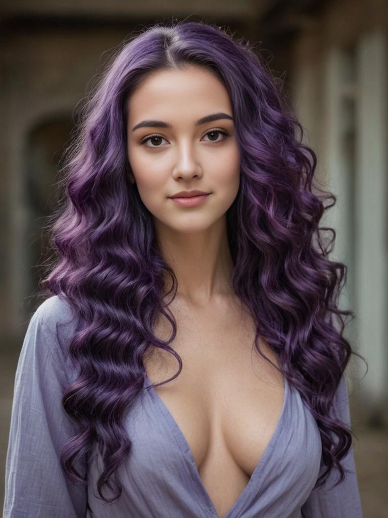 Confident woman with wavy purple hair in lavender top