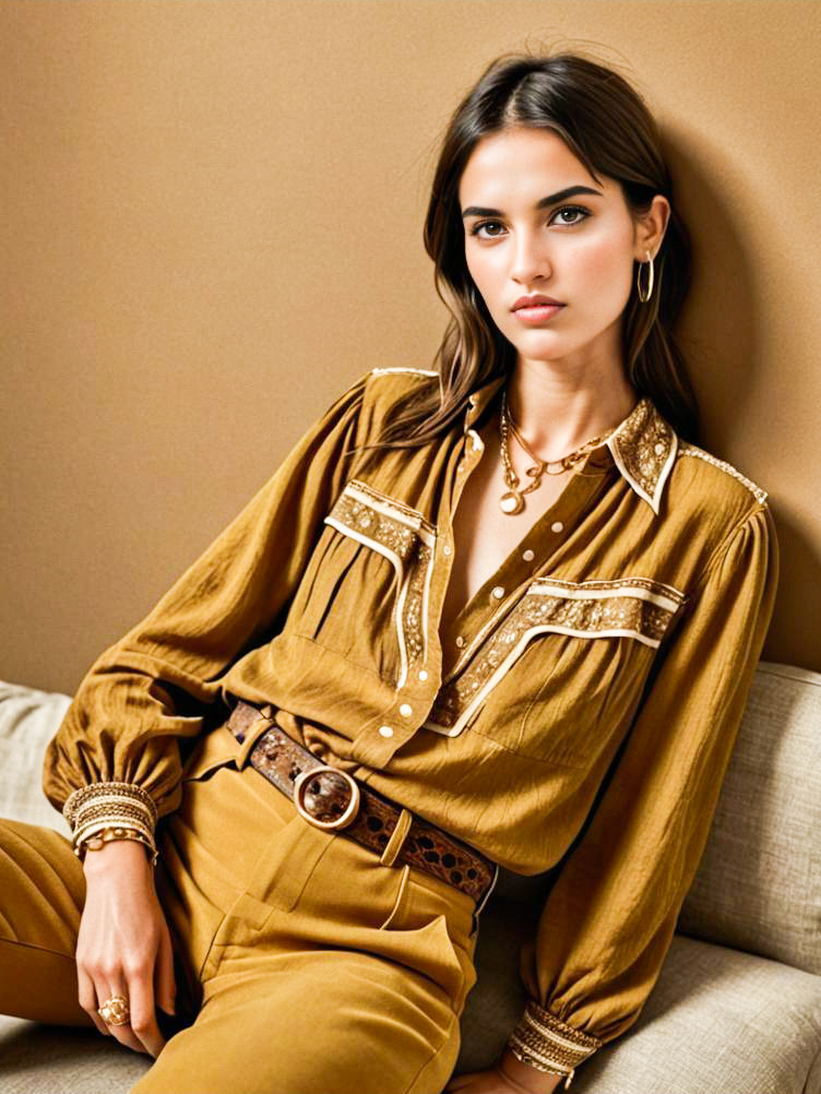 Chic Woman in Mustard Blouse and High-Waisted Trousers