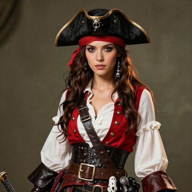 Woman in Classic Red Pirate Costume with Tricorn Hat