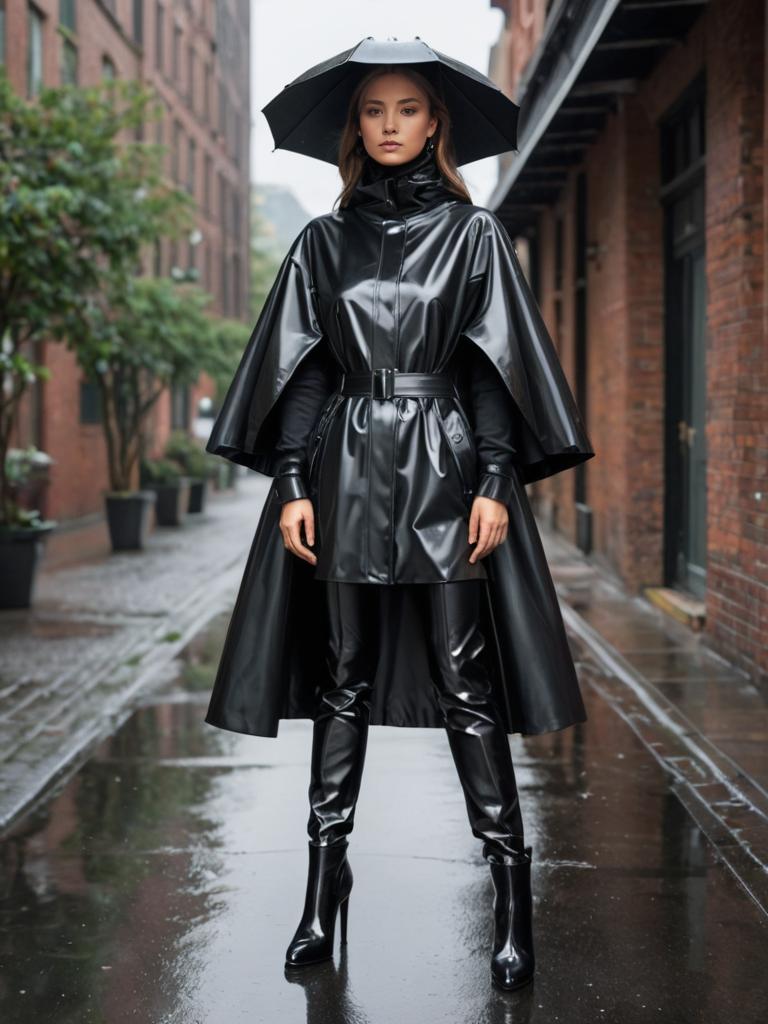 Elegant Woman in Black Rain Outfit