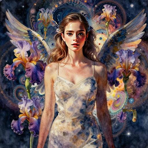 Ethereal Woman with Angel Wings and Cosmic Floral Background