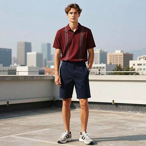 Young Man in Casual Polo Shirt and Shorts on Urban Rooftop