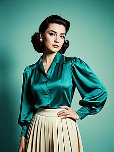 Stylish Woman in Vintage Teal Satin Blouse and Cream Pleated Skirt Retro Fashion