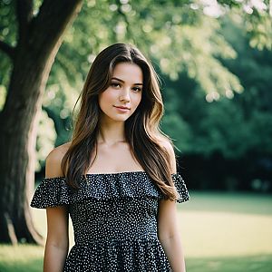 Young Woman in Black Polka Dot Dress Outdoors in Sunlit Park