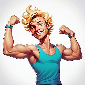 Confident Young Man Flexing in Blue Tank Top