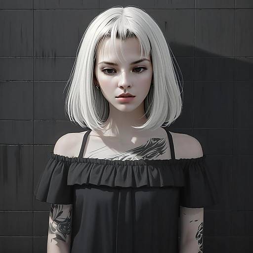 Anime Style Portrait of a Tattooed Woman with White Hair in Black Dress