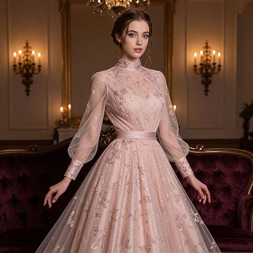 Elegant Vintage Style Pink Floral Embroidered Gown Woman Portrait