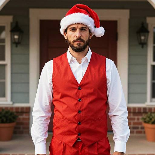 Man in Redneck Christmas Costume with Santa Hat and Vest