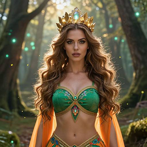 Fantasy Woman in Green Costume and Golden Crown in Enchanted Forest