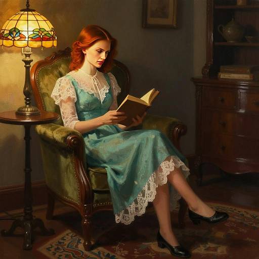 Vintage Woman Reading Book in Cozy Classic Interior with Tiffany Lamp