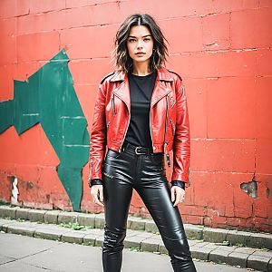 Confident Woman in Red Leather Jacket Against Colorful Wall