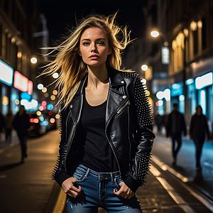 Confident Young Woman in Leather Jacket at Night