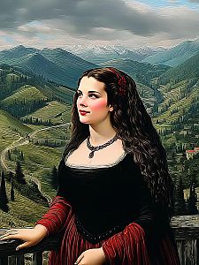 Stylized Portrait of a Woman in Black Dress with Red Accents