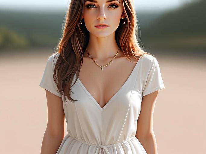 Elegant Young Woman in White Dress Outdoors