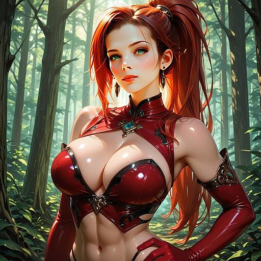 Anime Style Red-Haired Woman in Fantasy Armor in Forest