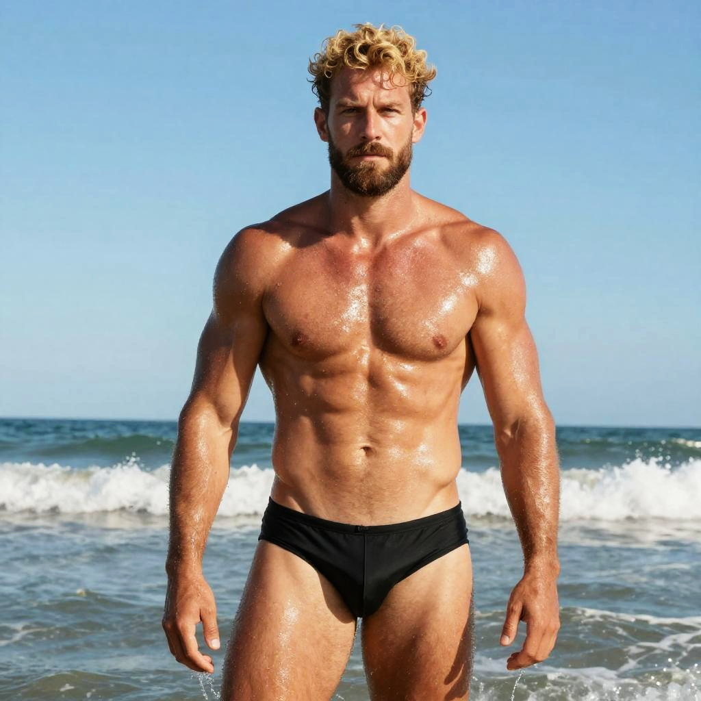 Muscular Man in Black Swim Briefs Standing on Beach