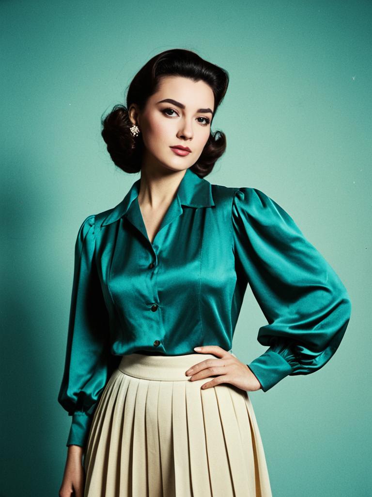 Stylish Woman in Vintage Teal Satin Blouse and Cream Pleated Skirt Retro Fashion