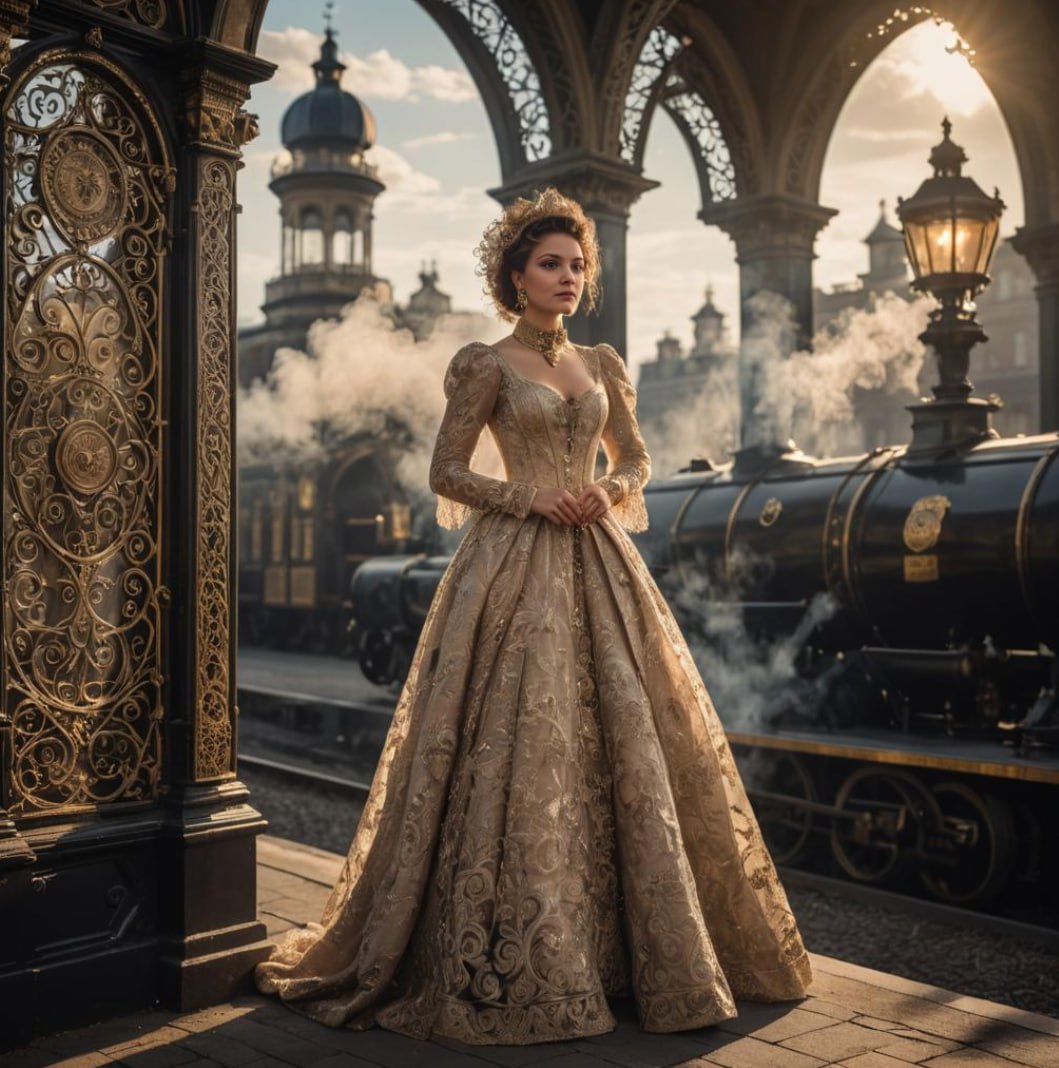 Elegant woman in Baroque dress by vintage train