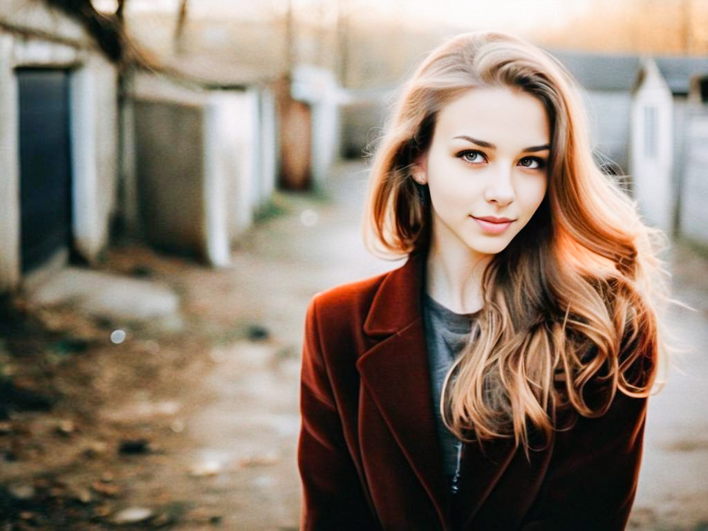 Young Woman in Maroon Coat at Sunset