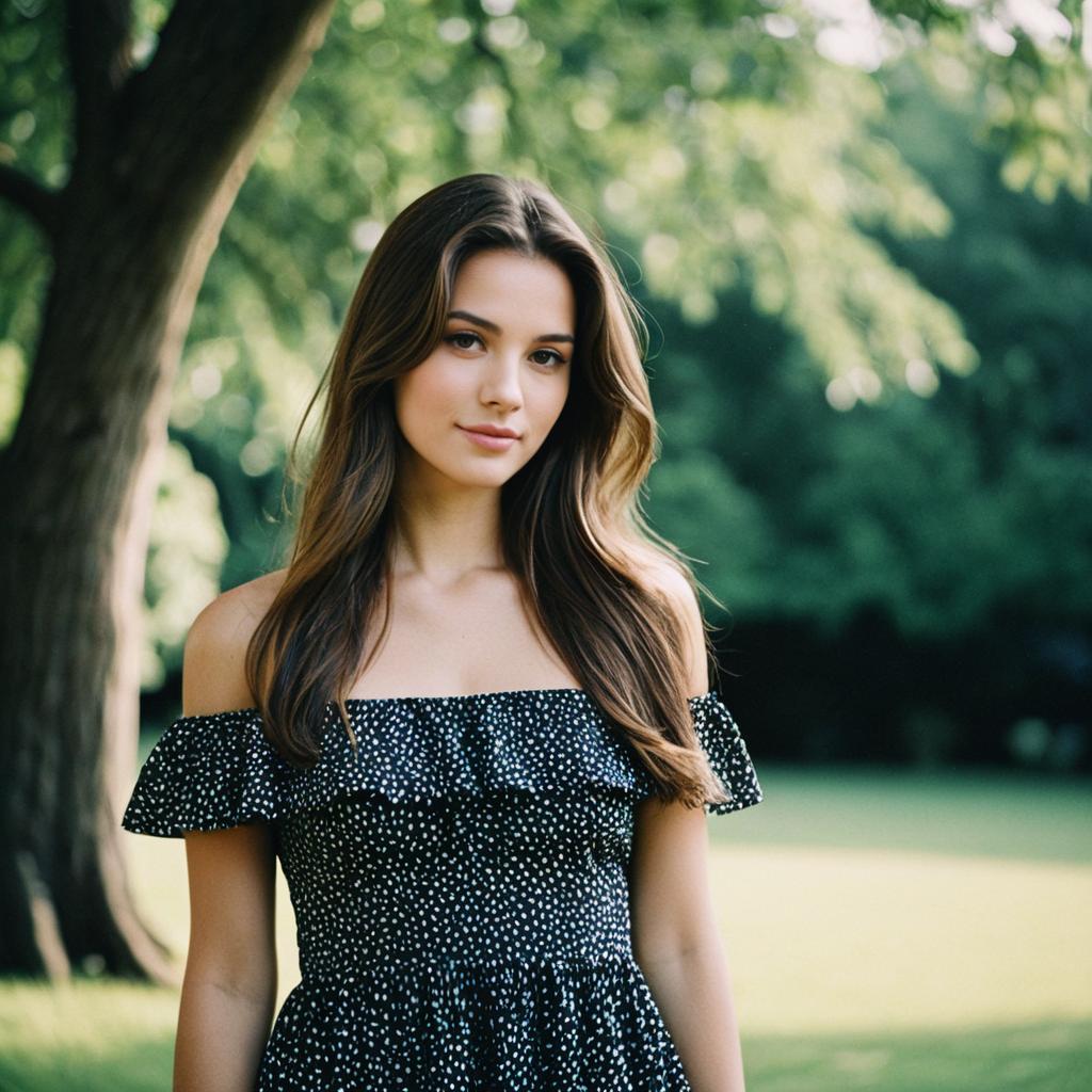Young Woman in Black Polka Dot Dress Outdoors in Sunlit Park