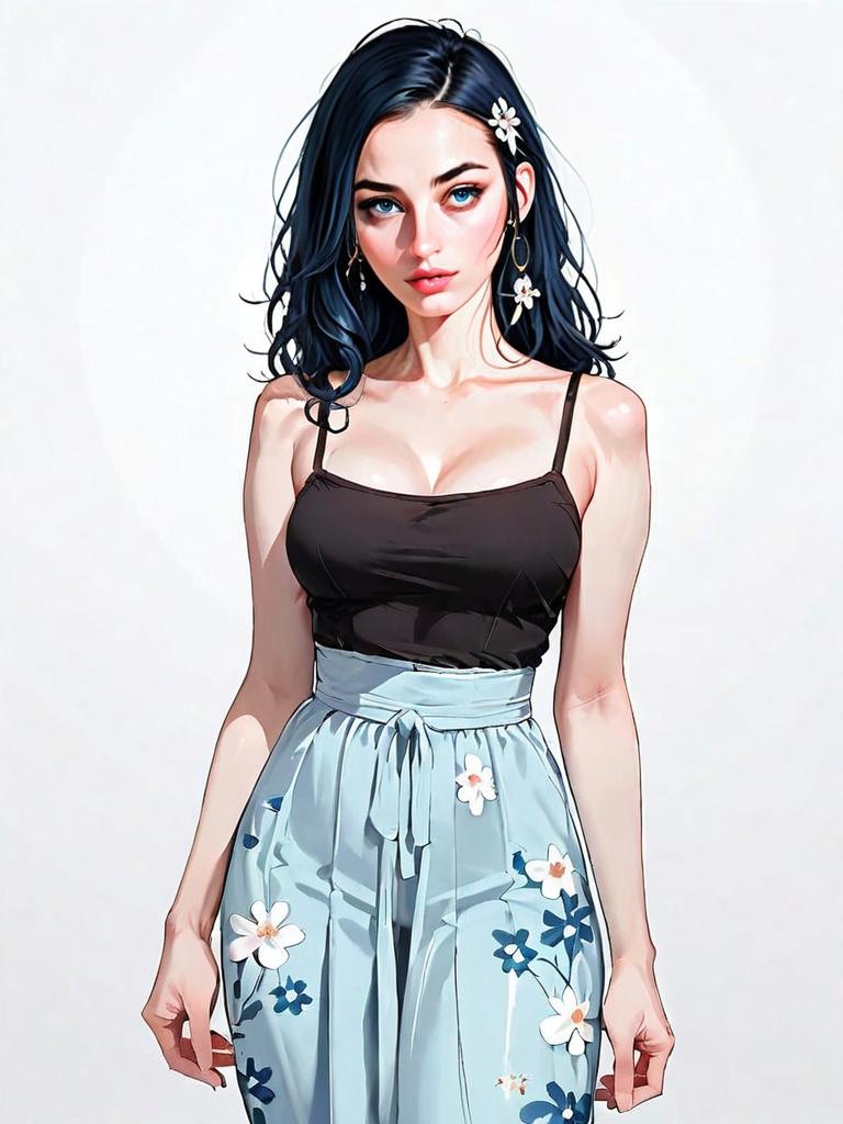Realistic Digital Portrait of Woman in Casual Floral Outfit - Comic Style Full Body