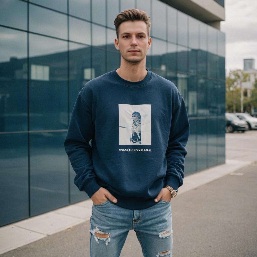 Stylish man in navy sweatshirt and distressed jeans