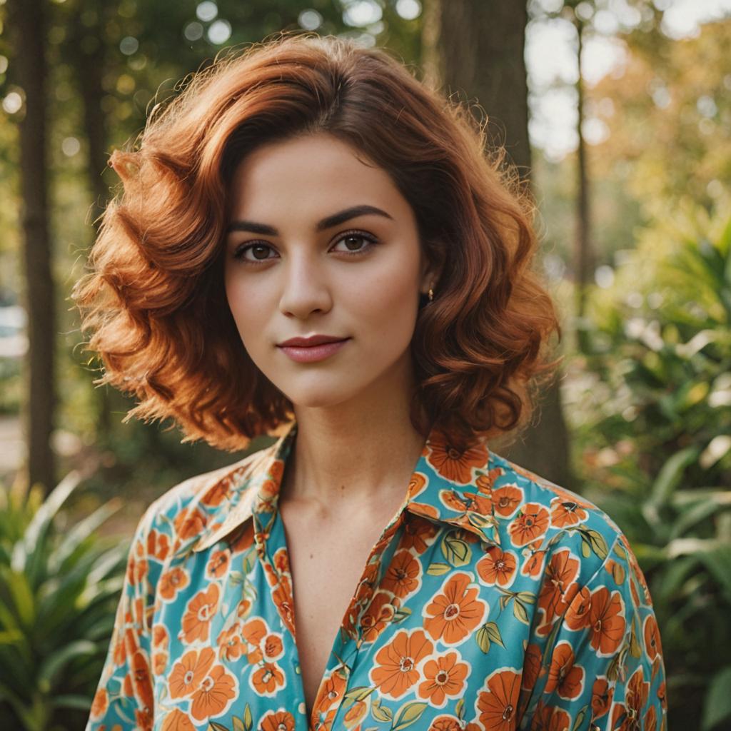 Confident Woman with 70s Hairstyle in Floral Blouse